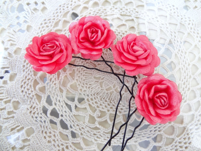 Hair Accessories Coral Bridal Hair Pins Woodland Set of 4 Bridesmaid Hair Satin Hair Pins Coral Satin Rose Wedding Hair Pins