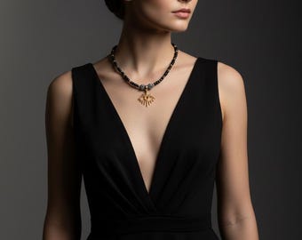 Black Onyx Necklace with Gold Evil Eye Charm