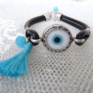 Black Leather Evil Eye Bracelet with Blue Tassel & Beads | Silver Plated Brass Frame | Women’s Boho Protection Bracelet Gift