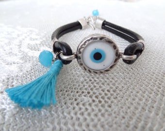 Evil Eye Bracelet, Blue Evil Eye Pendant with Black Leather, Women for Protection, Boho Charm Bracelet, Turkish Nazar Jewelry, Gift for her