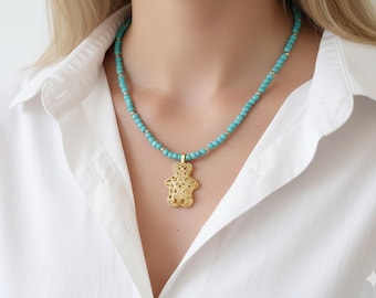 Turquoise Gemstone Necklace: Gold Bear Charm, Boho Chic Jewelry