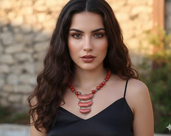 Natural Red Coral Necklace Earrings Set, 925 Silver Antique Pendant, Unique Handmade Coral Jewelry