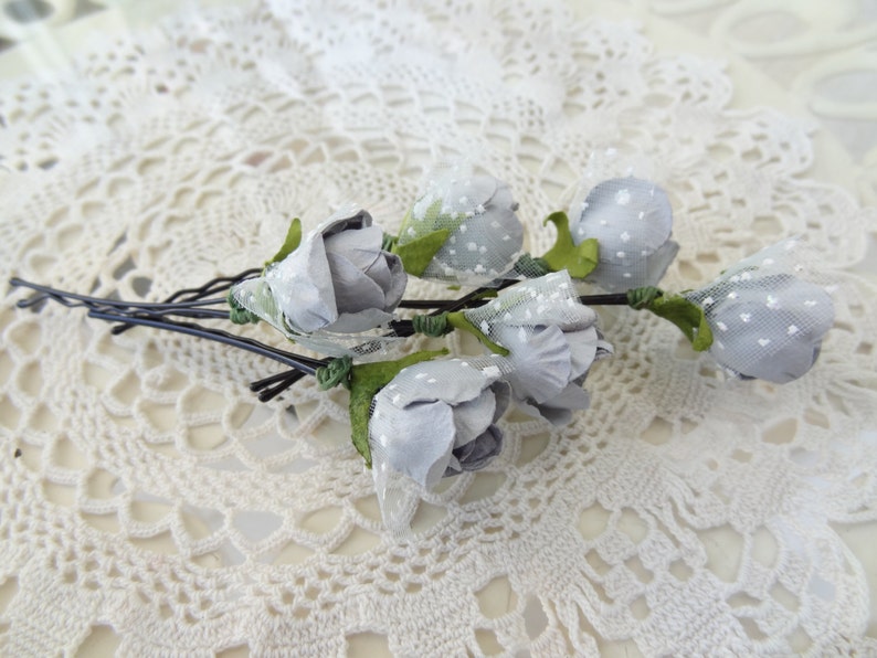Set of 6 Fabric Hair Pins Bridesmaid Hair Grey Flower Wedding Hair Pins Bridal Hair Pins Woodland Hair Accessories