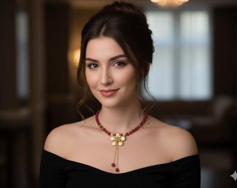 Ruby Red Agate Necklace: Gold Flower Pendant, Turkish Jewelry