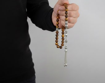 Handmade Tiger's Eye Tasbih, 925 Sterling Silver Imame
