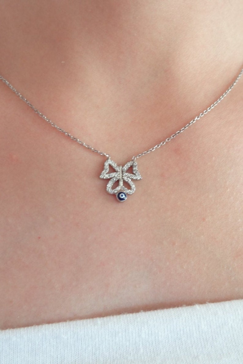 925K Sterling Silver Necklace Butterfly Evil Eye Necklace Etsy