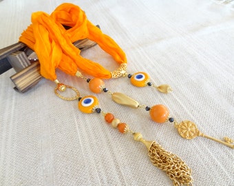 Orange Evil Eye Necklace, Turkish Silk Scarf, Turkish Nazar Jewelry, Orange Jewelry Scarf, Gold Necklace, Scarf Necklace, Mother Day Gifts