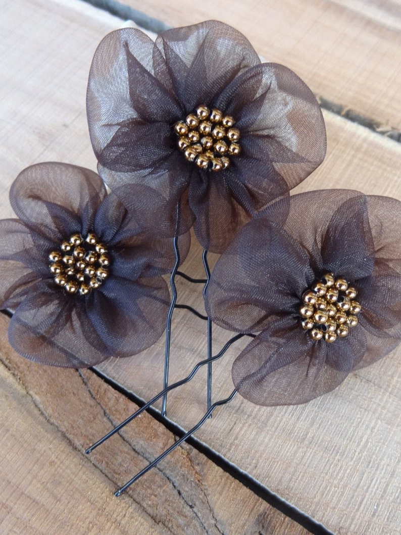 Brown Flower Wedding Hair Pins Brown Bridal Hair Pins Flower Etsy