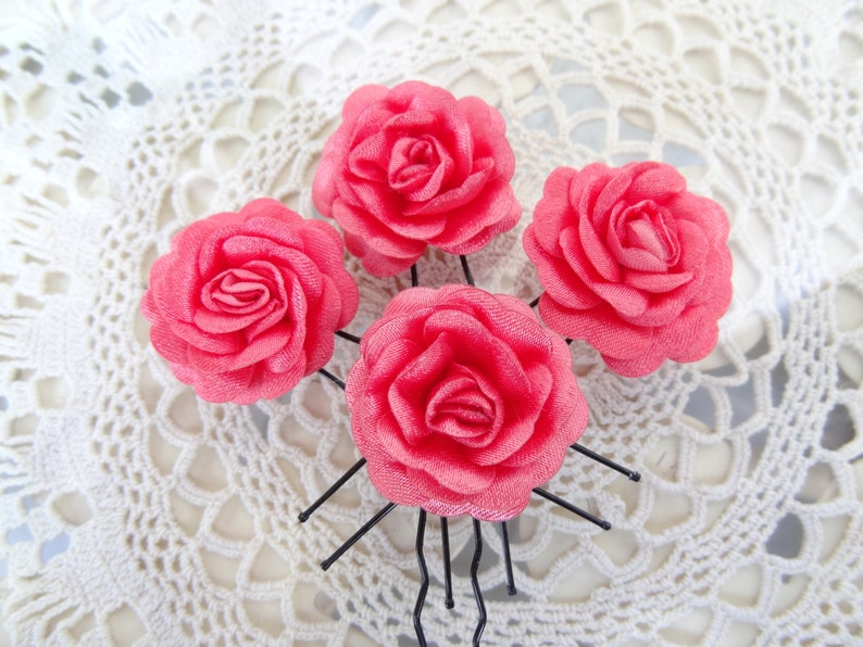 Hair Accessories Coral Bridal Hair Pins Woodland Set of 4 Bridesmaid Hair Satin Hair Pins Coral Satin Rose Wedding Hair Pins