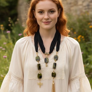 Black Turkish Silk Scarf Necklace: Green Beads, Gold Dragonfly