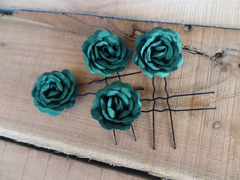 Emerald Green Satin Rose Wedding Hair Pins Green Bridal Hair Etsy