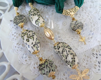 Green Jewelry Scarf, Silk and Gold Scarf Necklace, Gold Butterfly Necklace, Beaded Scarf Necklace, Turkish Jewelry, OOAK, Mother Day Gifts