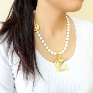 White Onyx and Gold-Plated Brass Fish Pendant Necklace – Ideal for Beach or Garden Weddings