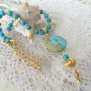Turquoise Gemstone Necklace, Turquoise and Gold Filigree Frame Pendant, Tulip Necklace, Women for Charm, Turkish Jewelry, Mother&#39;s Day Gifts