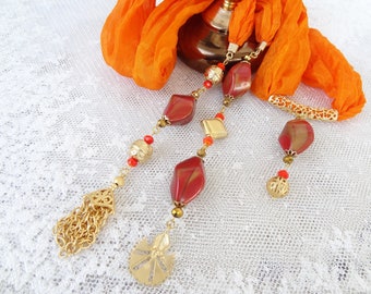 Orange Jewelry Scarf, Turkish Silk Necklace, Unique Scarf Jewelry, Carnation Charms Pendant, Women for Bohemian, Gift for Mom, Halloween