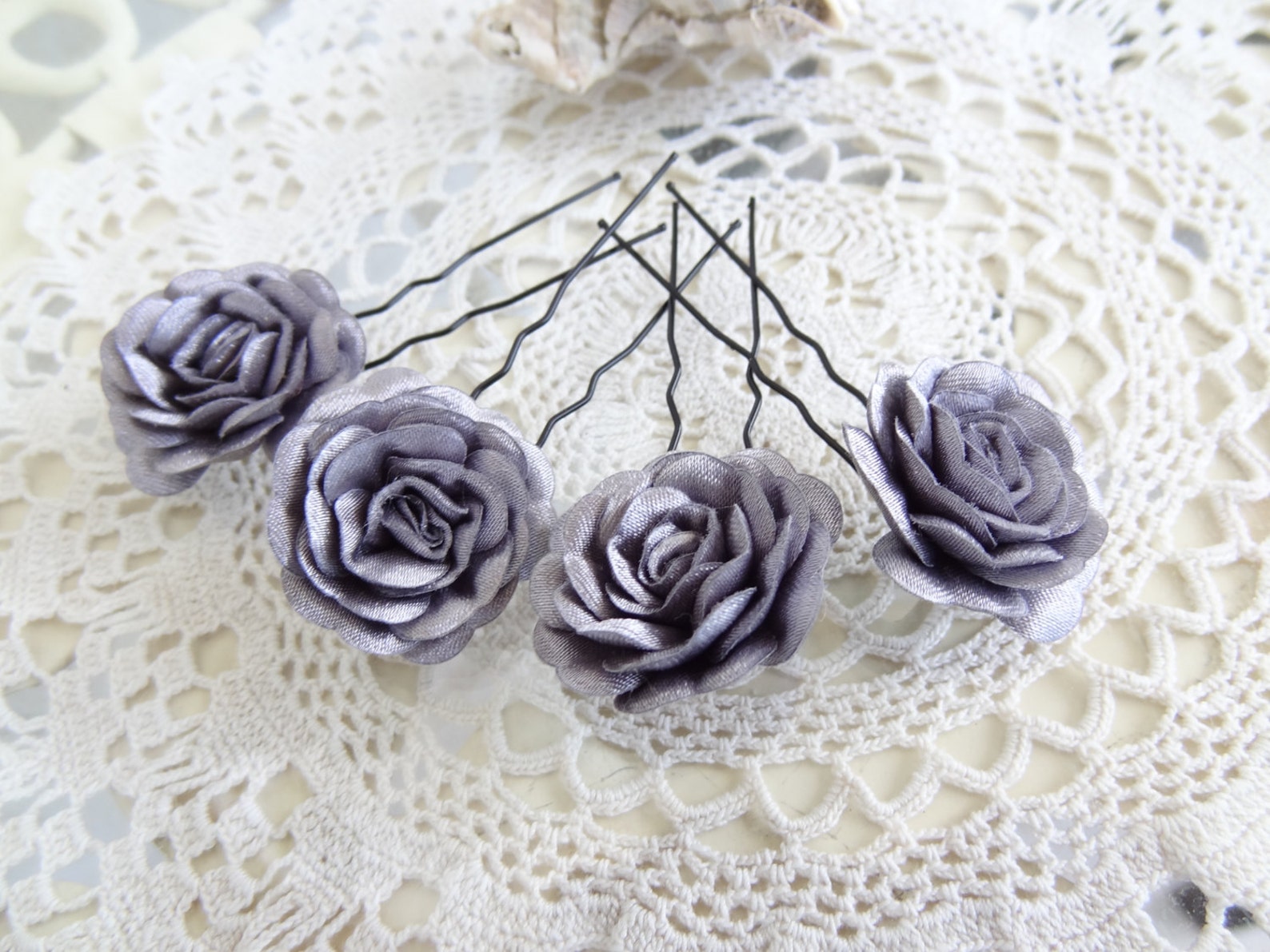 Dark Grey Satin Rose Wedding Hair Pins Grey Bridal Hair Pins Etsy