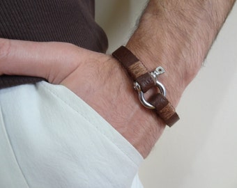 Men's Chocolate Brown Leather Bracelet: Steel Screw Clasp Cuff