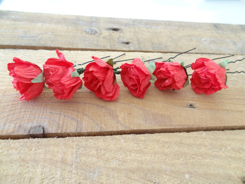 Set of 6 Beach Wedding Red Flower Wedding Hair Pins Bridal Hair Pins Fabric Hair Pins Flower Girl Hair Accessories Bridesmaid Hair