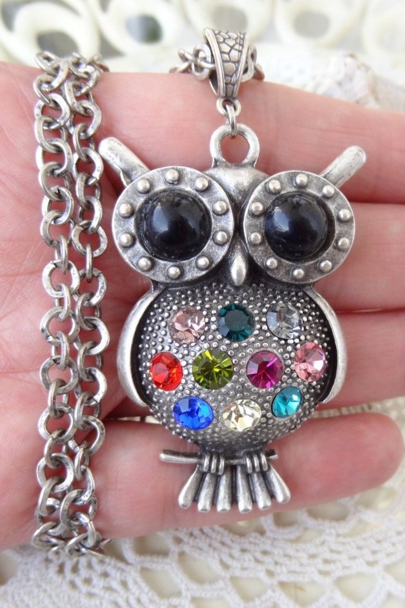 Owl Necklace Black Owl Necklace Multicolor Crystal Owl Etsy