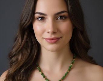 Emerald Green Jade Necklace, Gold Plated Triangle Pendant with Glass Bead, Minimal Dainty Boho Jewelry, Natural Stone Necklace Gift for Her