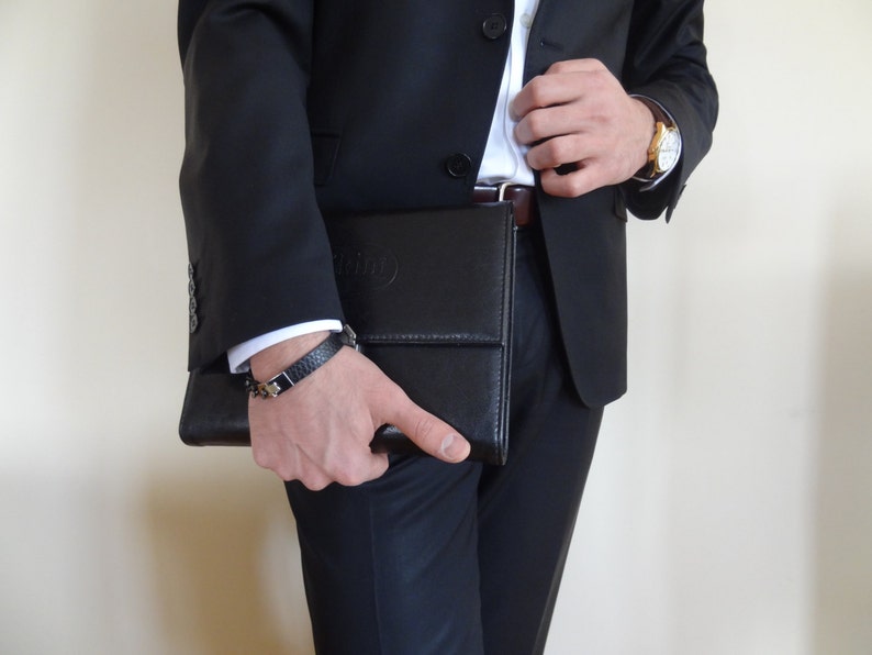 Men's Black Leather and Stainless Steel Bracelet, Men's Jewelry, Black Thick Chain Bracelet, Groom Bracelets, Groom Gift, Wedding Gifts