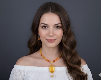 Orange Agate Necklace and Earrings Set: Yellow Crystal Pendant Jewelry