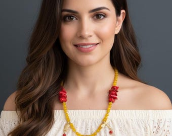 Yellow Agate & Red Coral Necklace, Gold Plated Triangle Pendant, Boho Jewelry