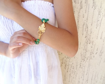 Green Jade Gemstone Bracelet, Green Silk and Gold Toggle Leaf, Bohemian Gold Bracelet, Women for Charm, Turkish Jewelry, Mother's Day Gifts