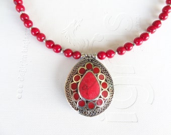 Red Coral Necklace, Afghan Silver Pendant, Statement Necklace, Tribal Boho Jewelry, Women Coral Birthday Gift, OOAK, Gift for Anniversary