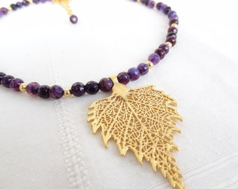 Women Purple Jewelry, Gold Leaf Necklace, Purple Agate Gemstone and Gold Leaf, Turkish Jewelry, Women for Birthday Gift  Gift for Mom