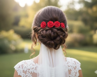 Red Satin Rose Hair Pins: Bridal Wedding Hair Accessories - Set of 4