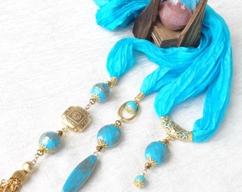 Turquoise Scarf Necklace, Jewelry Scarf,  Turkish Silk Scarf Necklace, Gold Scarf Necklace, Christmas Gifts