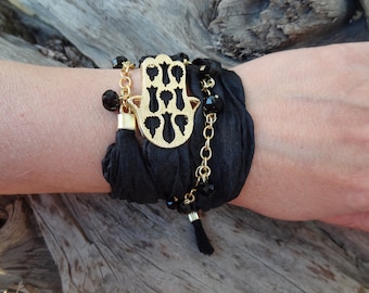 Gold Hamsa Bracelet, Black Silk Bracelet, Black Crystal Wrap, Turkish Jewelry, Boho Charm Bracelet, Protection Bracelet, Mother's Day Gifts