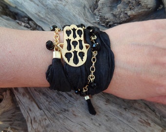 Gold Hamsa Bracelet: Black Silk & Crystal Boho Wrap