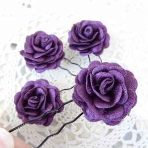 Purple Satin Rose Wedding Hair Pins, Purple Bridal Hair Pins, Hair Accessories, Satin Hair Pins, Bridesmaid Hair, Woodland - Set of 4