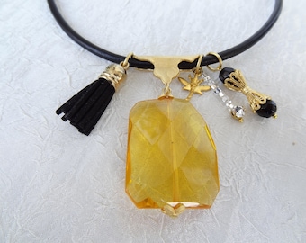 Yellow Crystal Necklace, Handmade Jewelry for Women, Black Leather Necklace, Summer Fashion Tassel Necklace, Anniversary Gift for Her