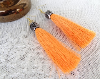 Orange Tassel Earrings, Long Dangle Earrings, Ear Wires Earrings, Women for Charm, Women for Boho Gifts, Halloween, Autumn Earring