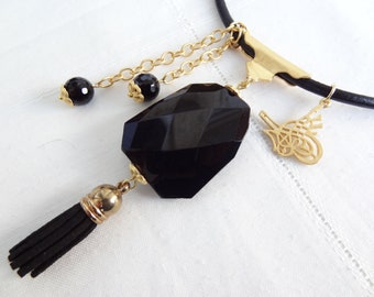 Black Onyx Necklace, Gold Ottoman Tughra and Onyx Gemstone Pendant, Black Leather Necklace for Women, Tassel Necklace Boho Gift For Birthday