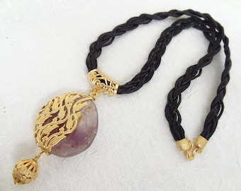 Amethyst Necklace, Black Cord Rope with Amethyst Stone, Gold Tulip Frame Pendant, Purple Bohemian Jewelry, Women for Boho, Mother's day Gift