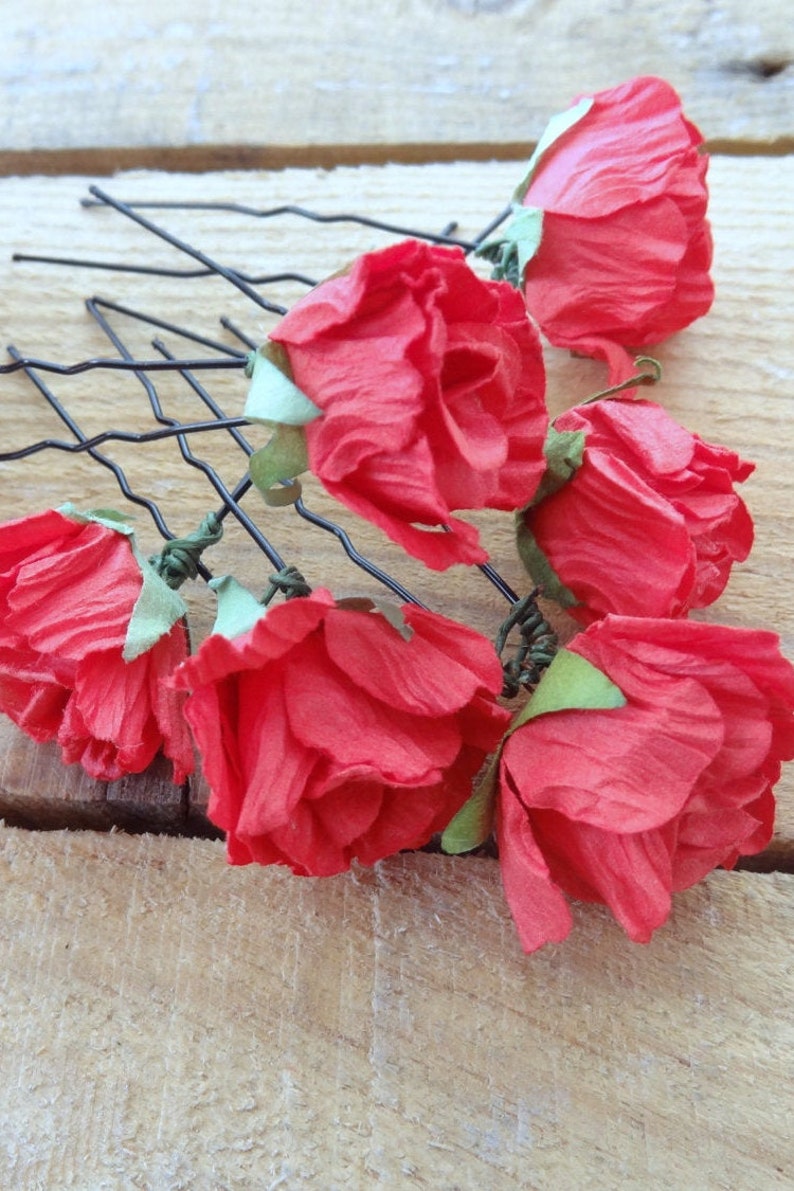 Set of 6 Beach Wedding Red Flower Wedding Hair Pins Bridal Hair Pins Fabric Hair Pins Flower Girl Hair Accessories Bridesmaid Hair
