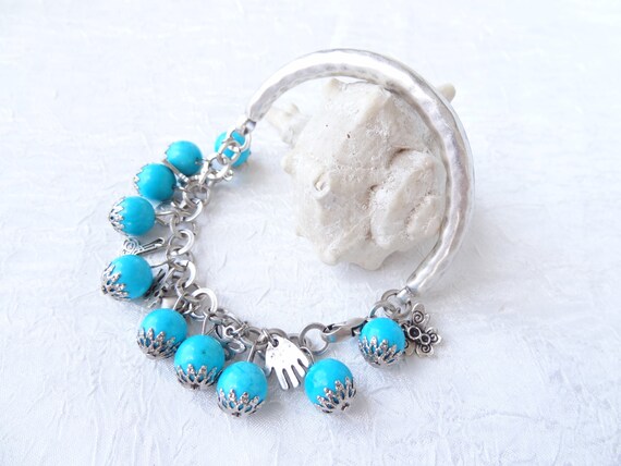 Turquoise Bracelet, Turquoise Gemstones and Silver Half with