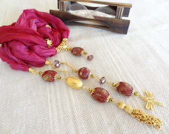 Dark Fuchsia Turkish Silk Jewelry Scarf: Dragonfly Gold Necklace