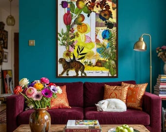 Vibrant Maximalist Collage with Exotic Indian Tiger and Symbolic Animals, Ready to Hang Wooden Frame Artwork