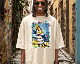 Black Virgin Mary Oversized Tee, Tropical Divine Art Top, Black History Collage Shirt