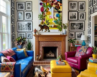 Maximalist Exotic Indian Collage Wall Art with Vibrant Colors and Symbolic Animal Imagery for Modern Decor