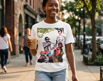 Edgy tropical surrealism unisex organic cotton tee, vibrant mixed media collage, artistic urban streetwear top