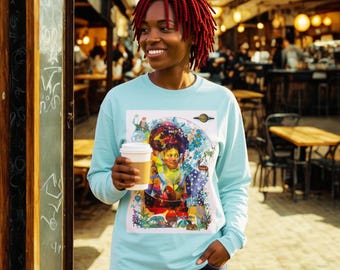 Cosmic Black Goddess Unisex Long-Sleeve T-Shirt | Yoruba-Inspired Tropical  Statement Piece