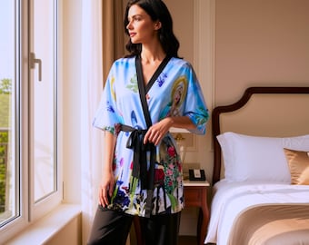 Surreal Tropical Nymph Silk Kimono, Vibrant Collage Art  Robe, Luxurious Versatile Fashion Statement