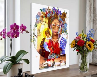Colorful Psychedelic Spiritual Wall Art with Multiracial Divine Feminine Imagery and Tropical Floral Layers, Canvas Print