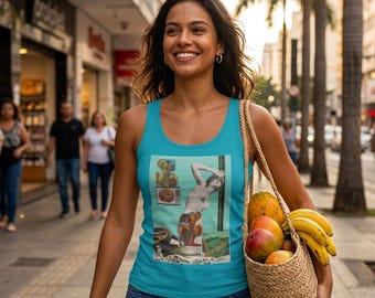 Vintage Carmen Miranda Graphic Tank with Retro Magazine Ad and Virgin Mary motif